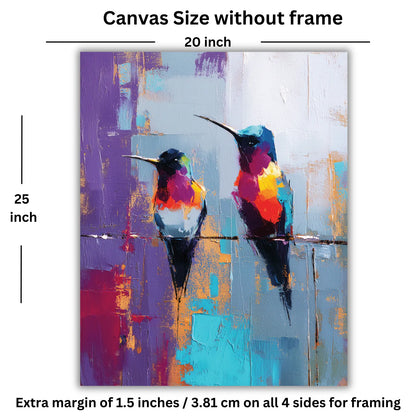 Canvas size chart with two colorful hummingbirds on a abstract background
