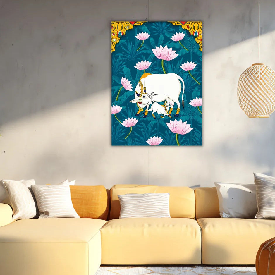 A vertical canvas wall art kamdhenu cow painting 