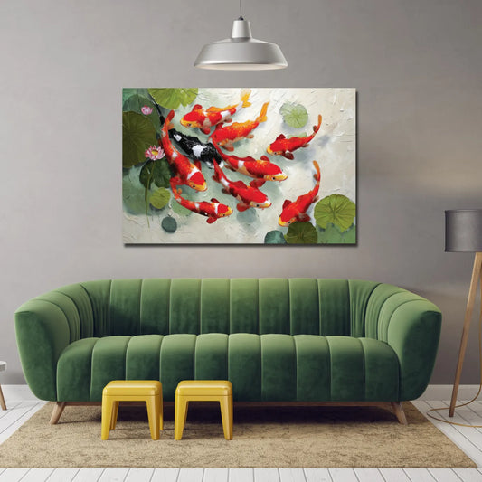 Green sofa in a room with a painting of koi fish on the wall.