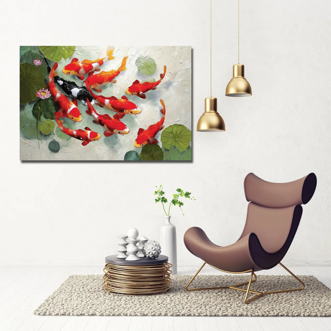 Modern living room with a chair, decorative items, and a painting of koi fish on the wall.