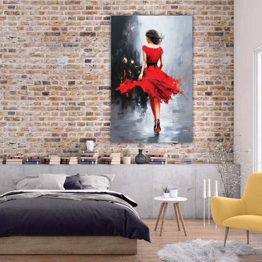Painting of a woman in a red dress on a brick wall above a bed in a bedroom.