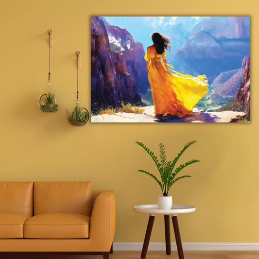 Living room with a painting of a woman in a yellow dress against a mountainous landscape, a brown sofa, and a small table with a plant.