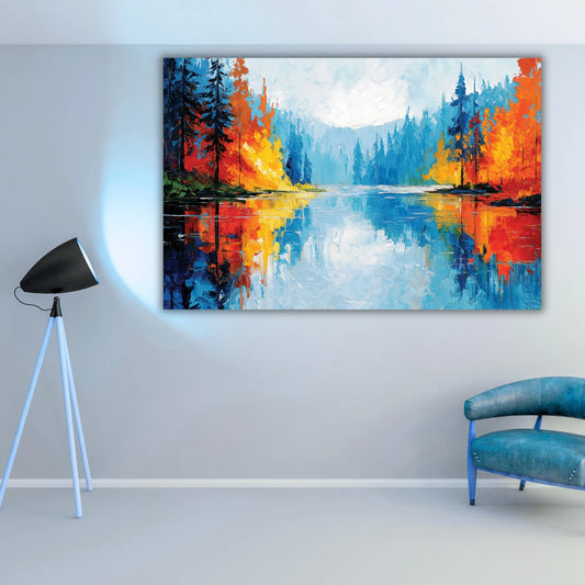 Colorful abstract painting of a forest reflected in water on a wall 