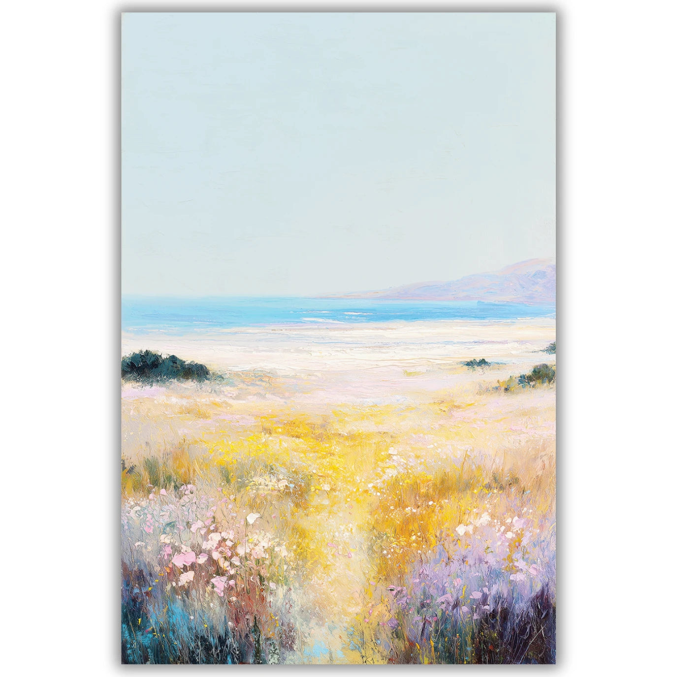 Painting of a landscape with a field of flowers and mountains in the distance.