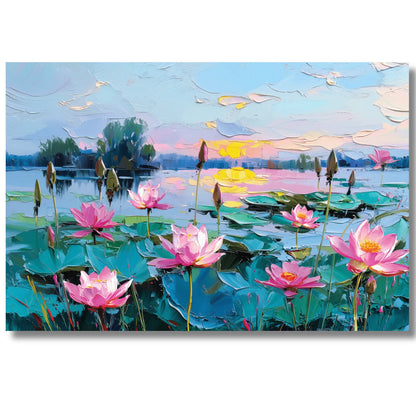 Painting of lotus flowers on a lake with a colorful sky.