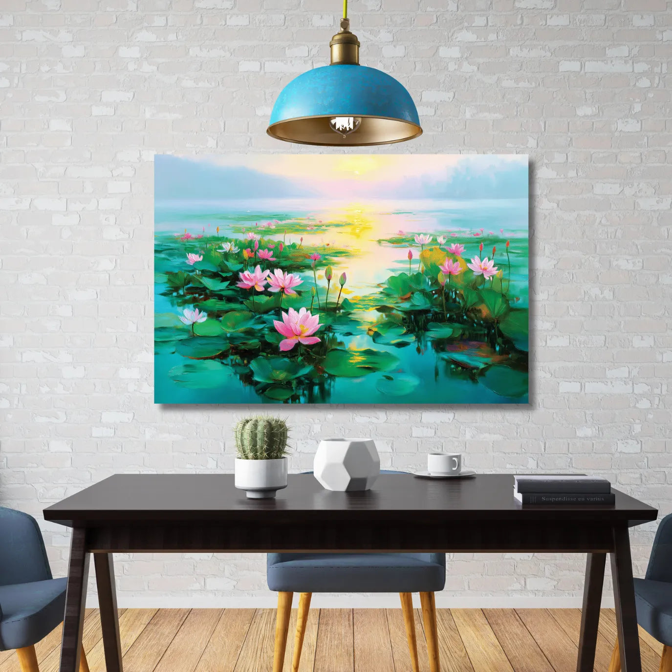 Painting of lotus flowers on a wall above a dining table.