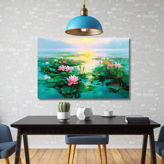 Painting of lotus flowers on a wall above a dining table.