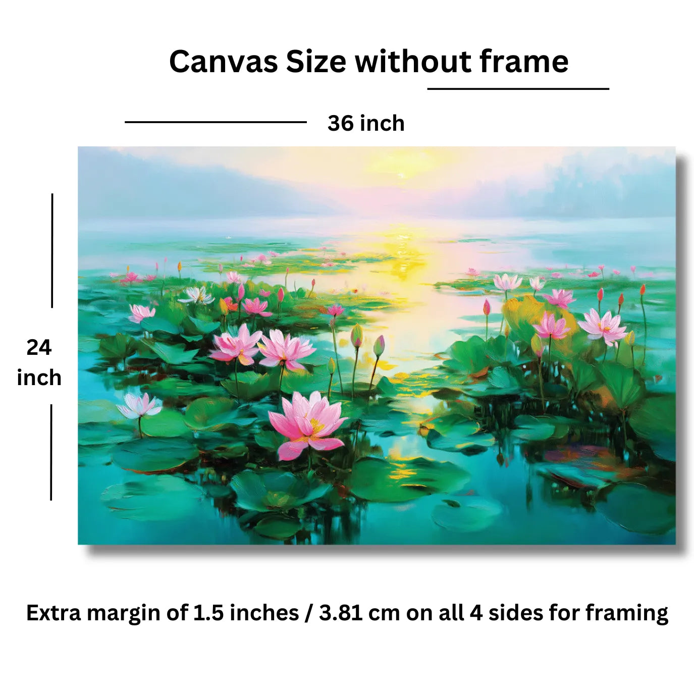 Canvas size without frame with measurements and a depiction of a painting of pink lotus flowers on water.