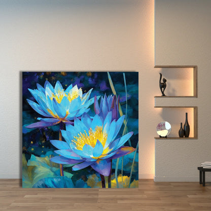 Decorative painting of blue lotus flowers on a wall in a modern interior setting.