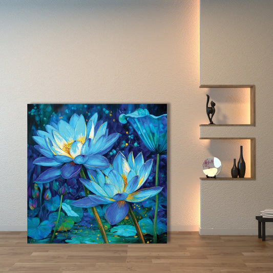 Blue lotus flower painting on a wall in a modern interior setting.
