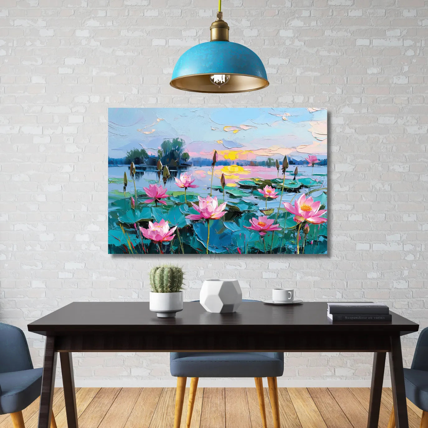 Colorful painting of lotus flowers on a wall above a dining table.