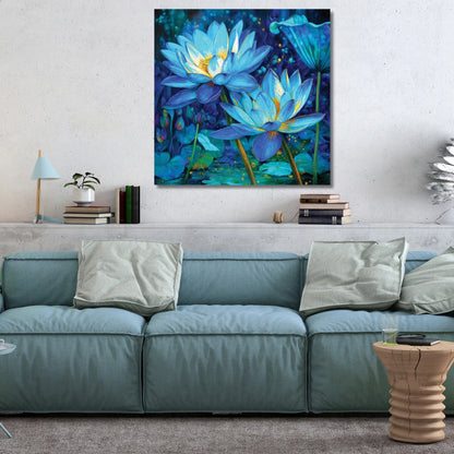 Living room with a blue sofa, decorative pillows, and a painting of blue lotus flowers on the wall.