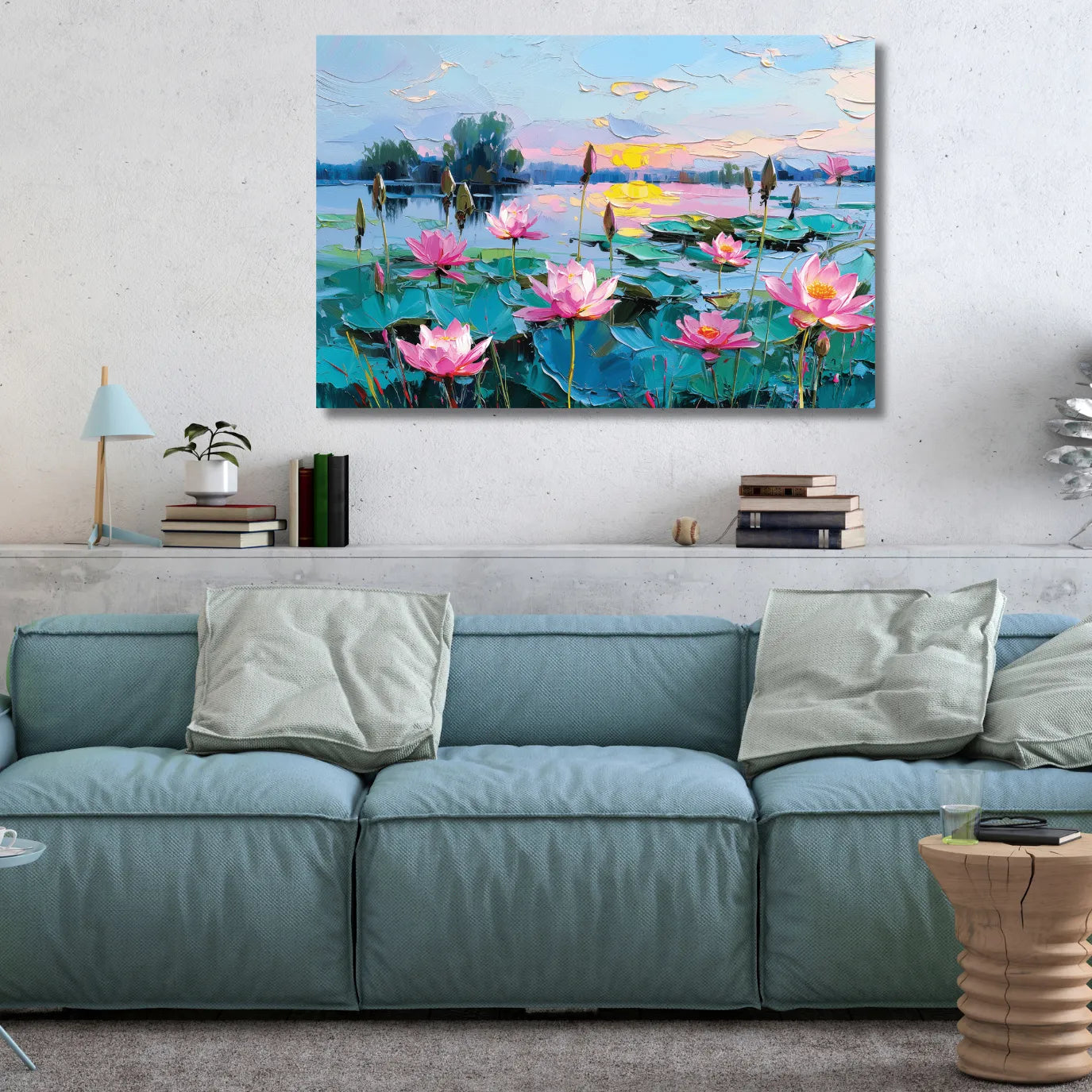 Living room with a large painting of pink lotus flowers on a blue lake.