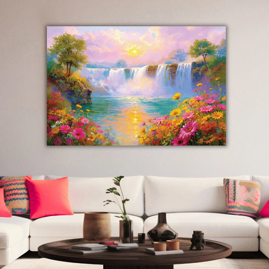waterfall painting vastu and flowers on a wall 