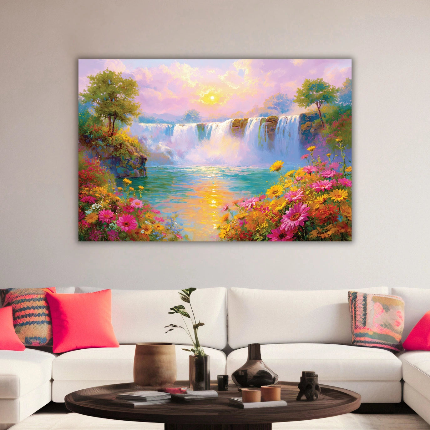 Colorful painting of a waterfall and flowers on a wall 