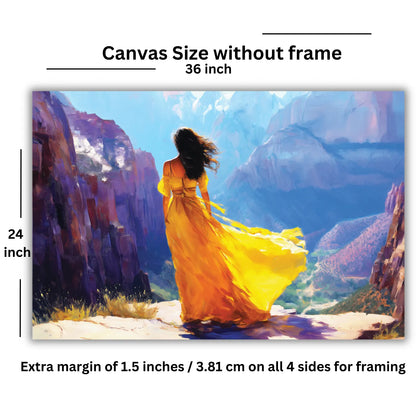 Canvas size without frame with dimensions and margin information of a woman painting for a living room