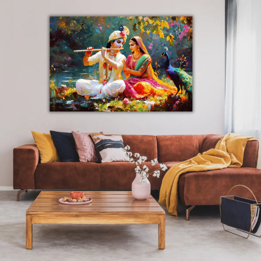 Living room with a large painting of two figures on the wall, a brown sofa, and a wooden coffee table.