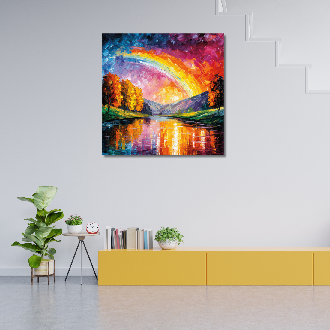 Rainbow canvas painting showcasing vibrant colors and a beautiful landscape scene on a wall.
