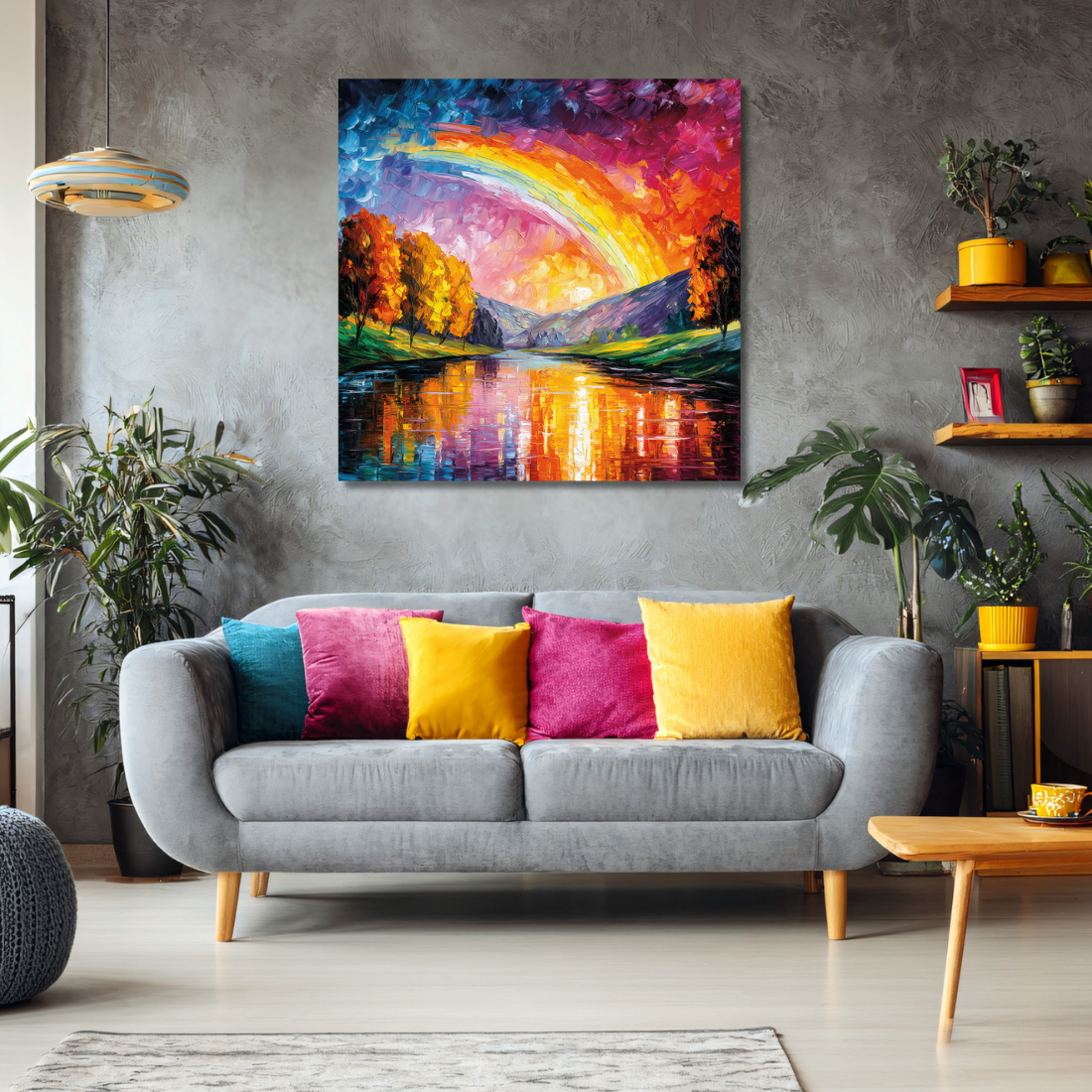 Rainbow canvas painting hanging above a cozy sofa in a modern living room, featuring vibrant colors and a scenic reflection.