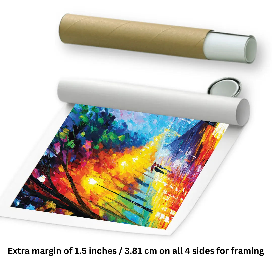 Couple painting on canvas showcased with an extra margin for framing, featuring vibrant colors and abstract design.