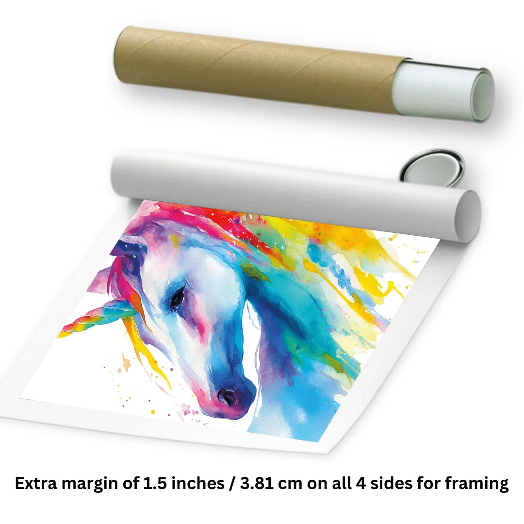 Unicorn painting with vibrant colors, rolled with an extra margin for framing, perfect for kids' room decor.