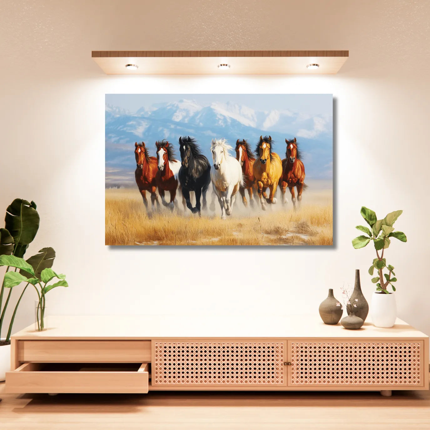 Canvas print of horses running in a field above a wooden cabinet 