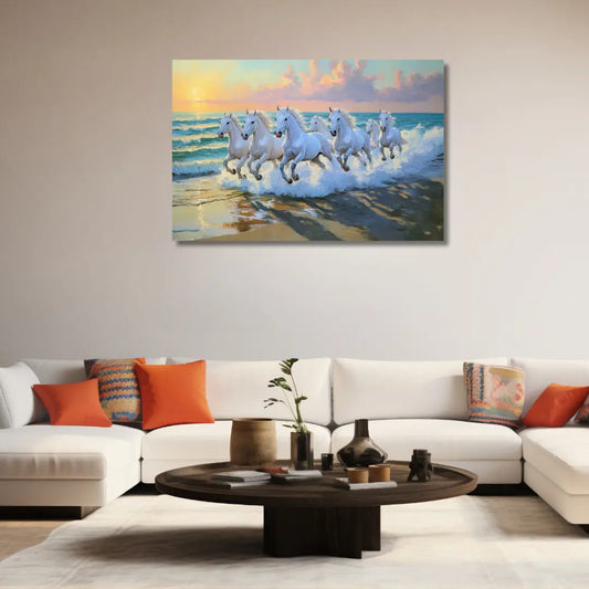 White Seven Horses Painting on Canvas for living room as per Vastu Shastra