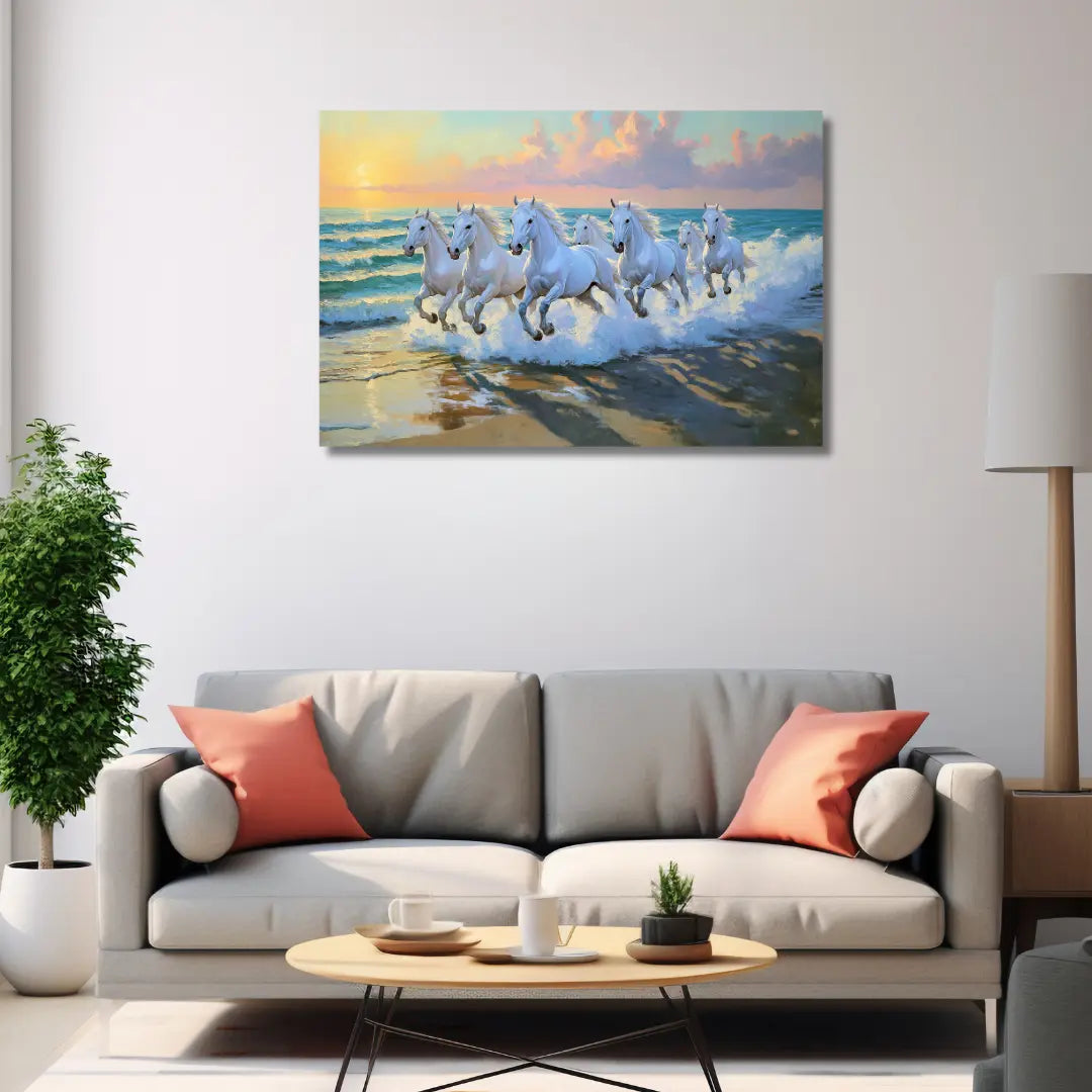 Seven white running horse painting for wall decor