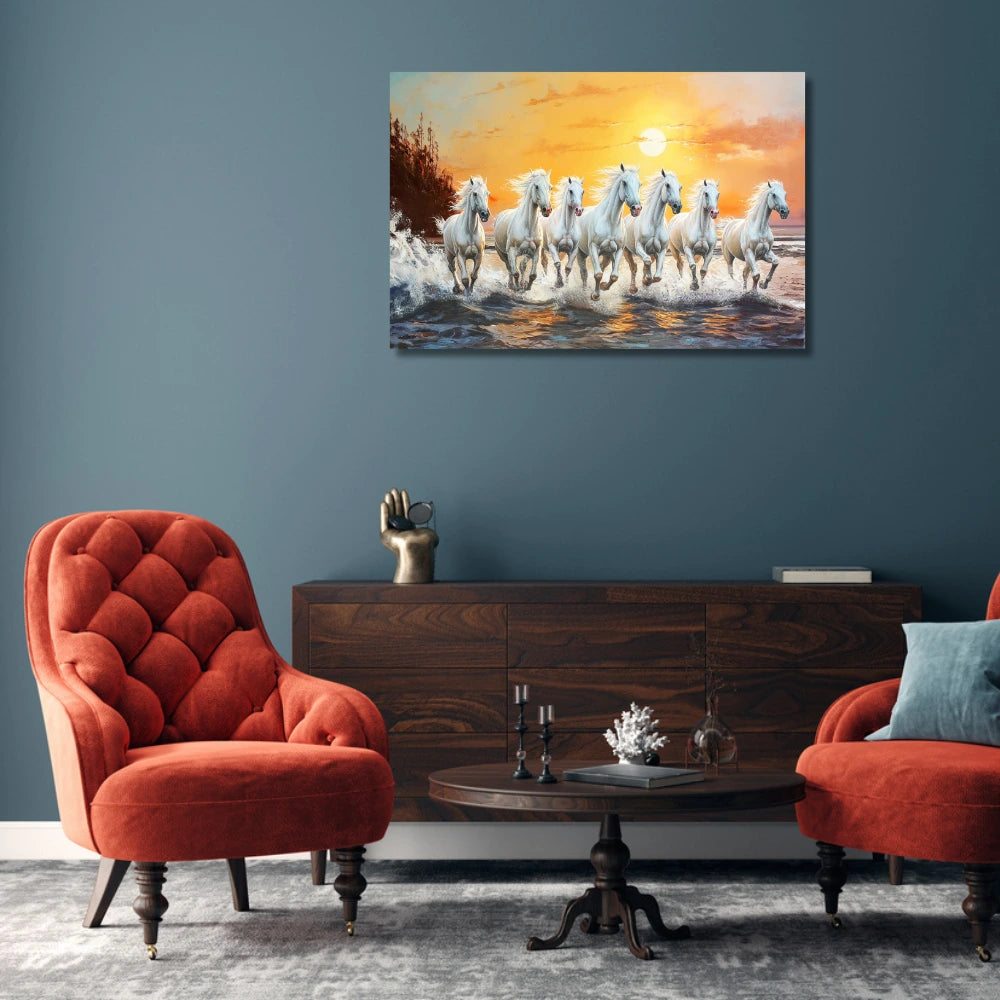 7 Running Horses with Rising Sun Canvas Painting as Per Vastu for Living Room