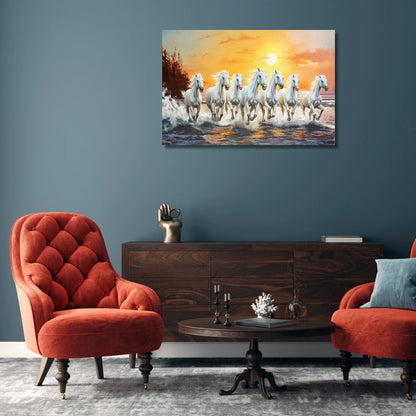 7 Running Horses with Rising Sun Canvas Painting as Per Vastu for Living Room