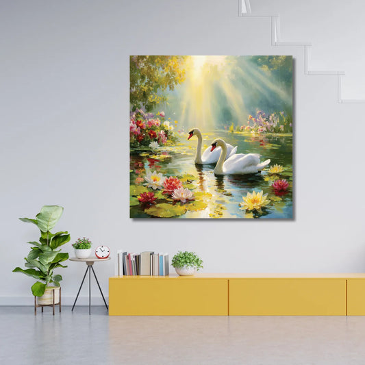 Painting of swans on a pond with flowers hanging above a yellow cabinet.
