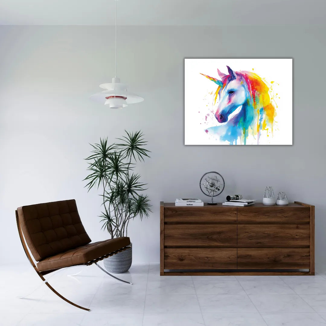 Magical unicorn painting for kids' room on canvas, brightening the decor with cheerful colors and whimsical details.