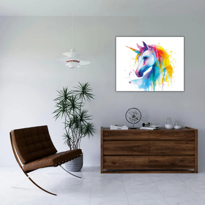 Magical unicorn painting for kids' room on canvas, brightening the decor with cheerful colors and whimsical details.