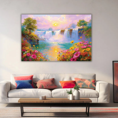 Landscape painting of a waterfall with flowers in a living room.