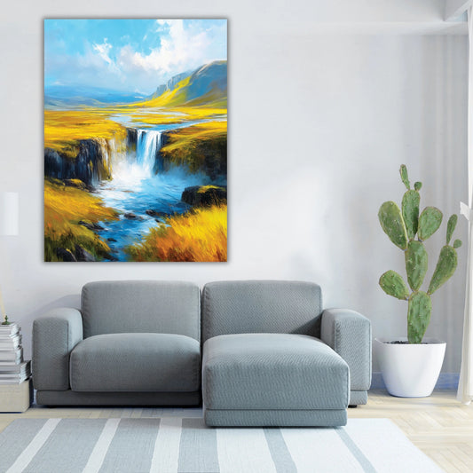 Gray sofa in a living room with a large waterfall painting above it.