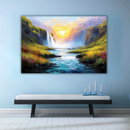 Painting of a scenic landscape with a waterfall on wall