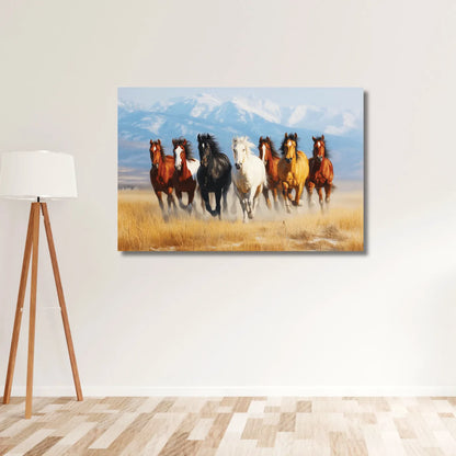 Canvas print of horses running in a field on a white wall with a lamp and wooden floor.