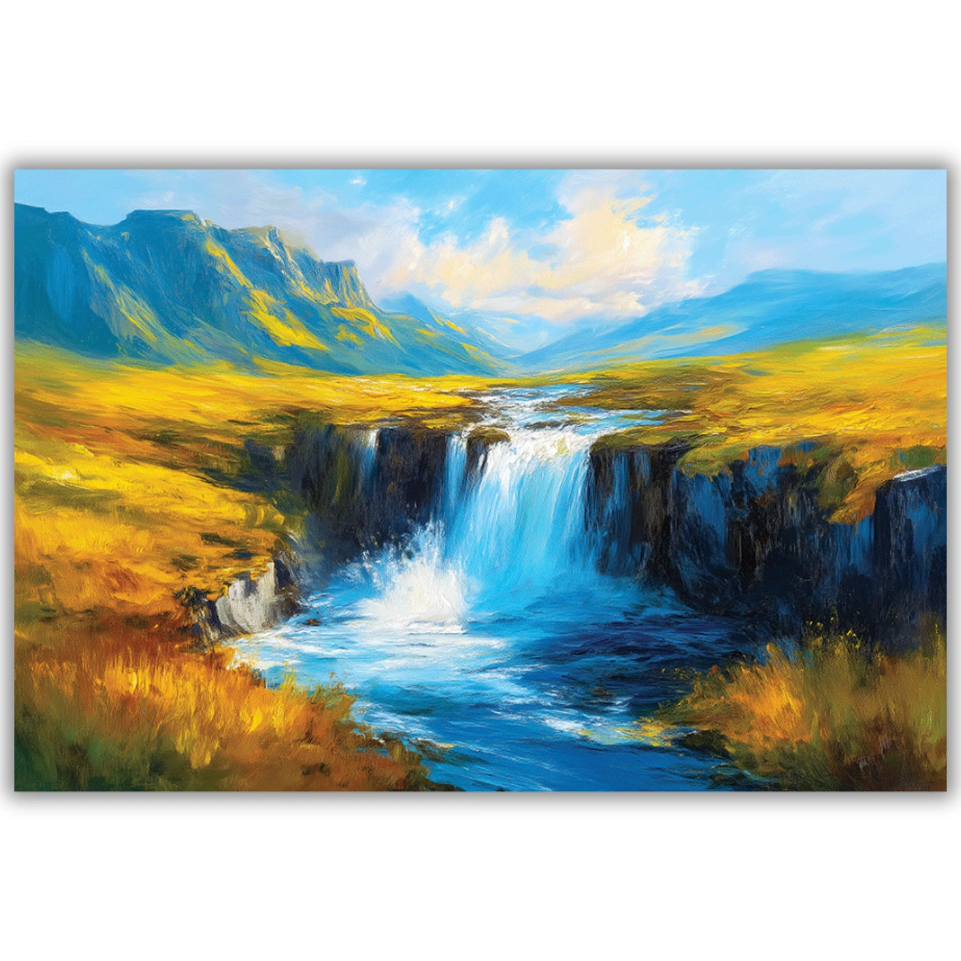 Painting of a waterfall in a mountainous landscape with yellow grass and blue sky.