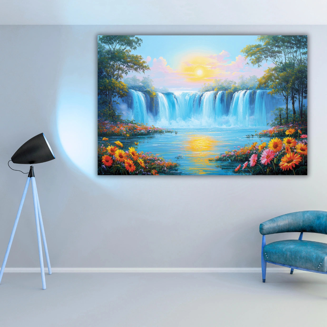 Scenic painting of a waterfall and flowers on a wall 