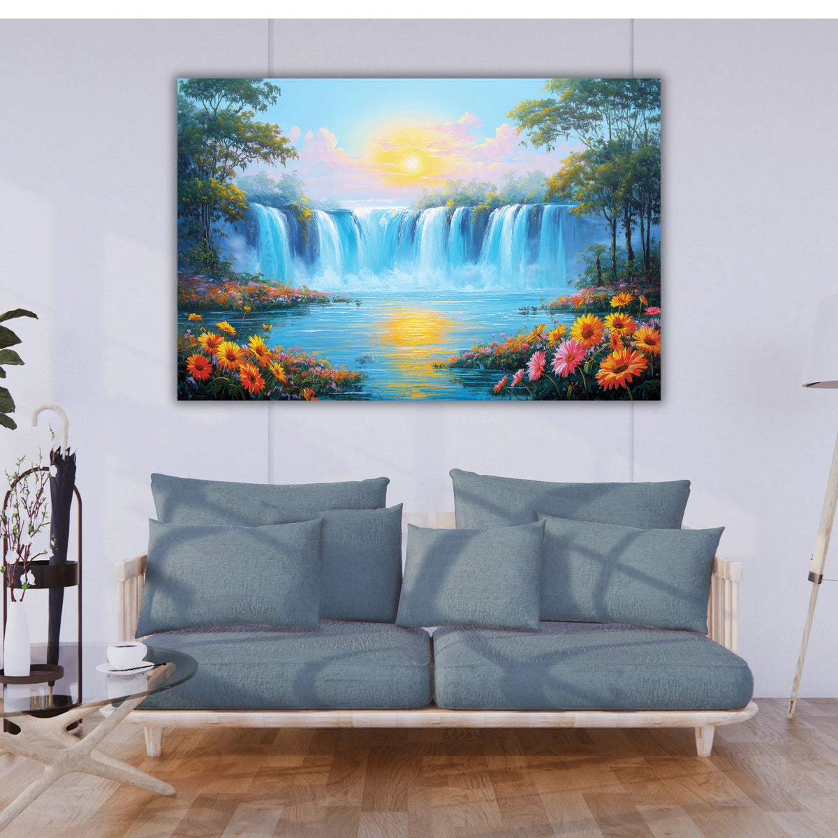 Large waterfall painting on the wall.