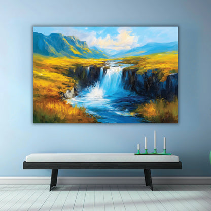 Painting of a waterfall in a mountainous landscape on a wall 