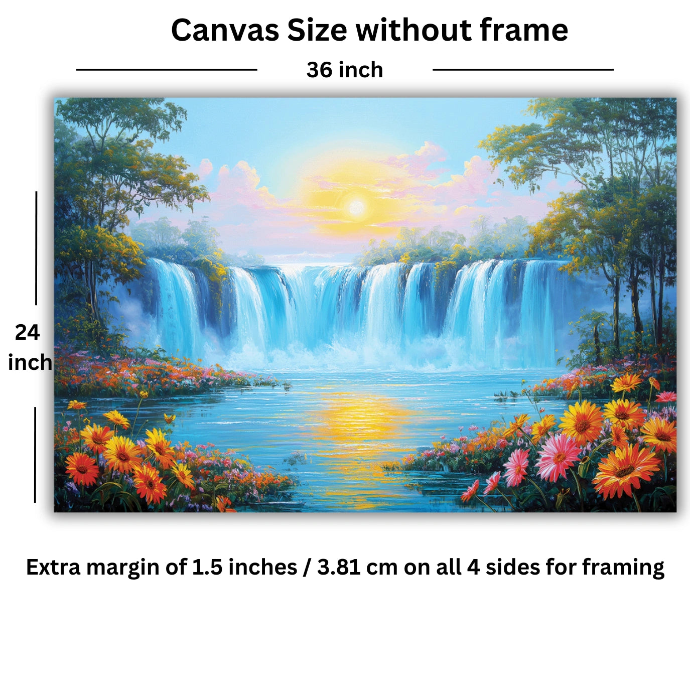 A scenic landscape of a waterfall and flowers