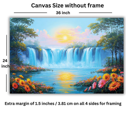 A scenic landscape of a waterfall and flowers