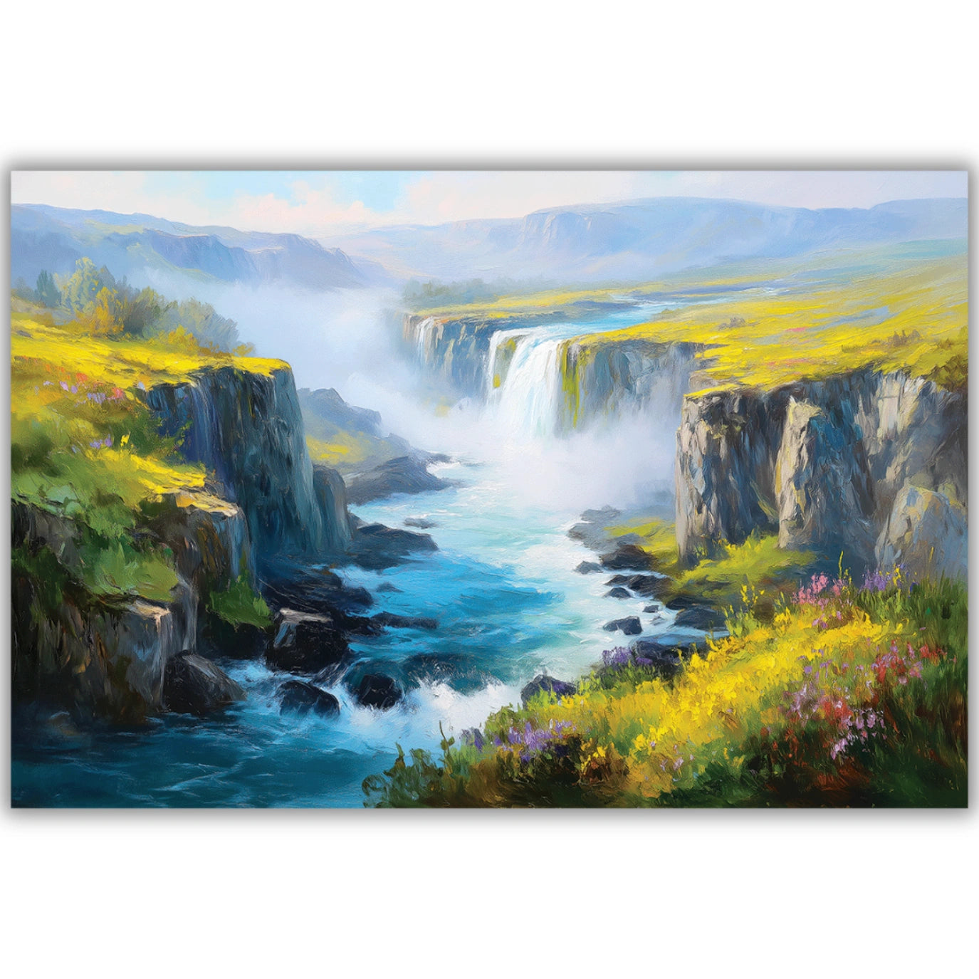 Painting of a waterfall in a natural landscape with greenery and cliffs.