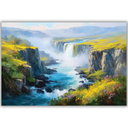 Painting of a waterfall in a natural landscape with greenery and cliffs.