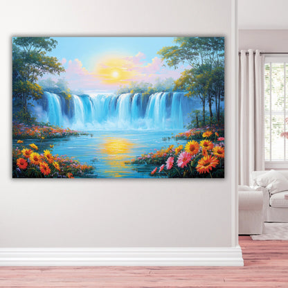 Canvas print of a waterfall and floral scene