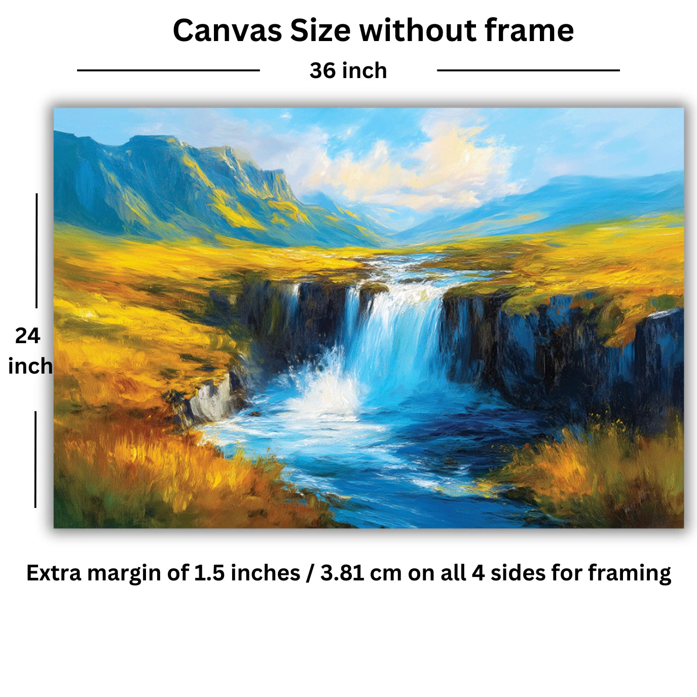 Painting of a waterfall in a mountainous landscape