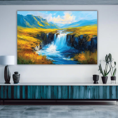 Colorful abstract painting of a mountain landscape with a waterfall on a wall 