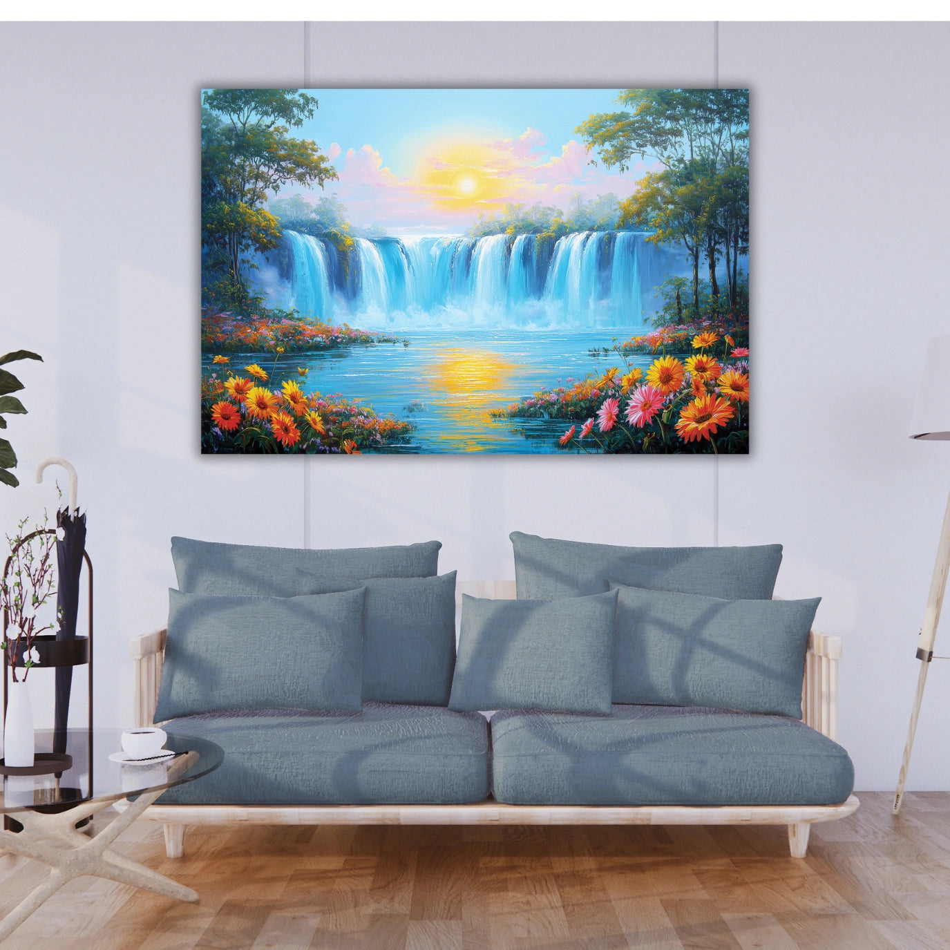 A large painting of a waterfall and flowers on the wall.