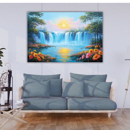 A large painting of a waterfall and flowers on the wall.